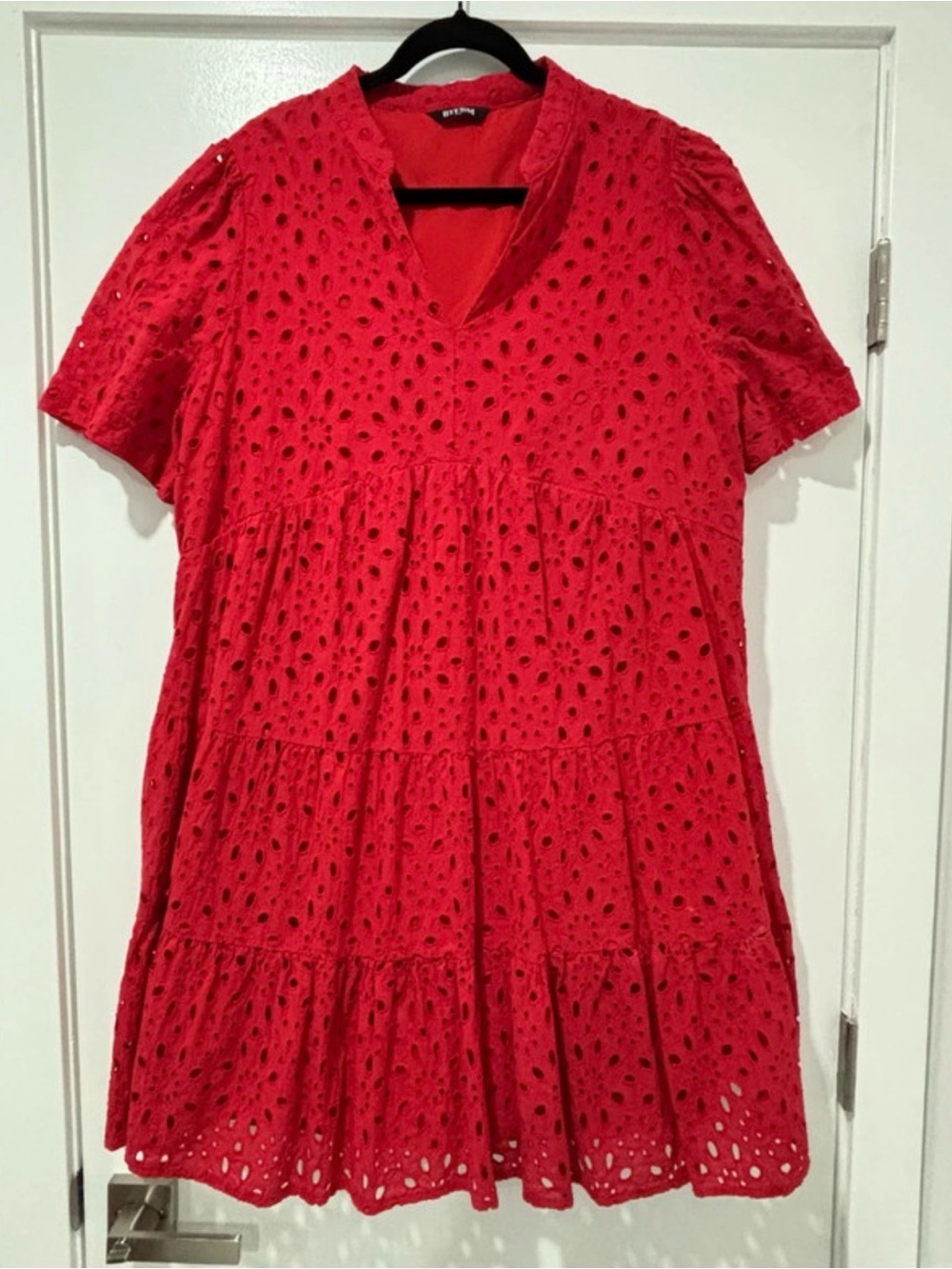 Bright Red Eyelet V-Neck Tiered Mini Dress